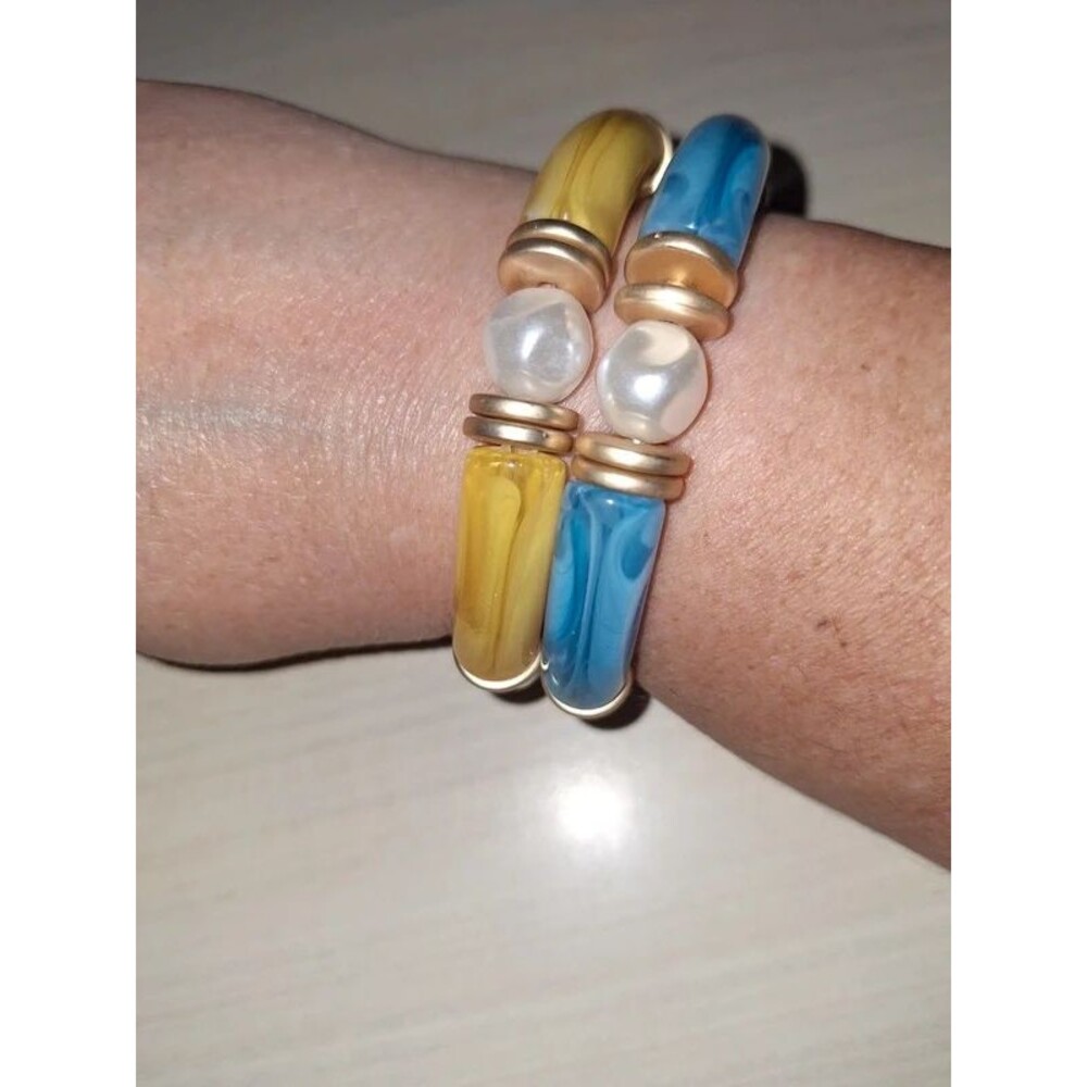 One Yellow Stretchy Bracelet, One Blue Stretchy Bracelet with Pearl Accents